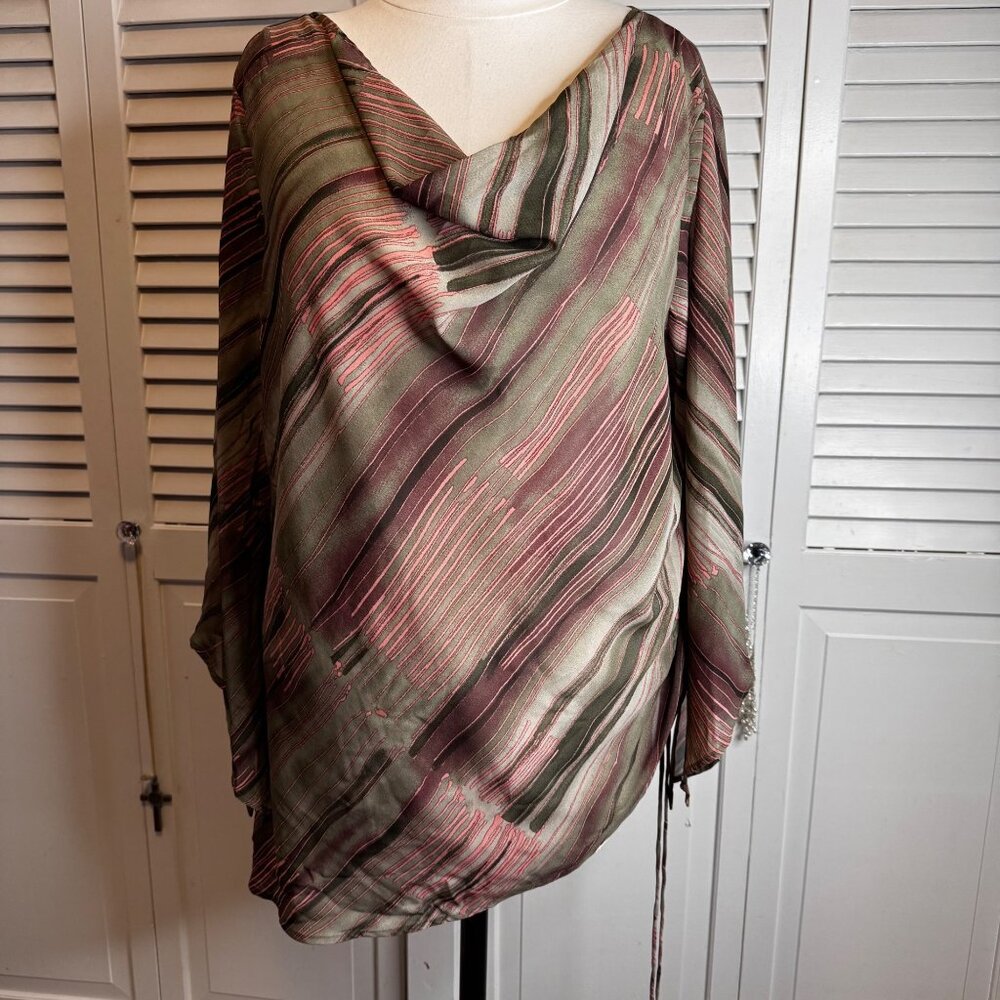 MILLENIUM PLUS SIZE 22 GREEN STRIPED BLOUSE ASYMMETRICAL CINCHED DROOP NECK
